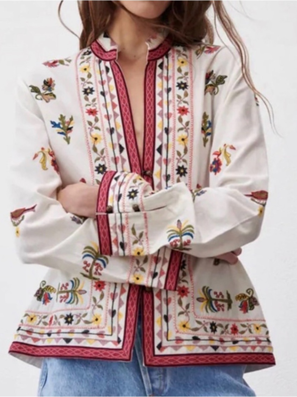 Zara Embroidered White Boho Jacket with Folk Accents Size XS (would fit S)